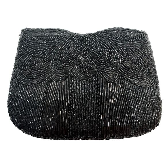 80s does 40s Black Beaded Silk Evening Bag | Small Clutch with Glass Beads - Picture 5 of 11